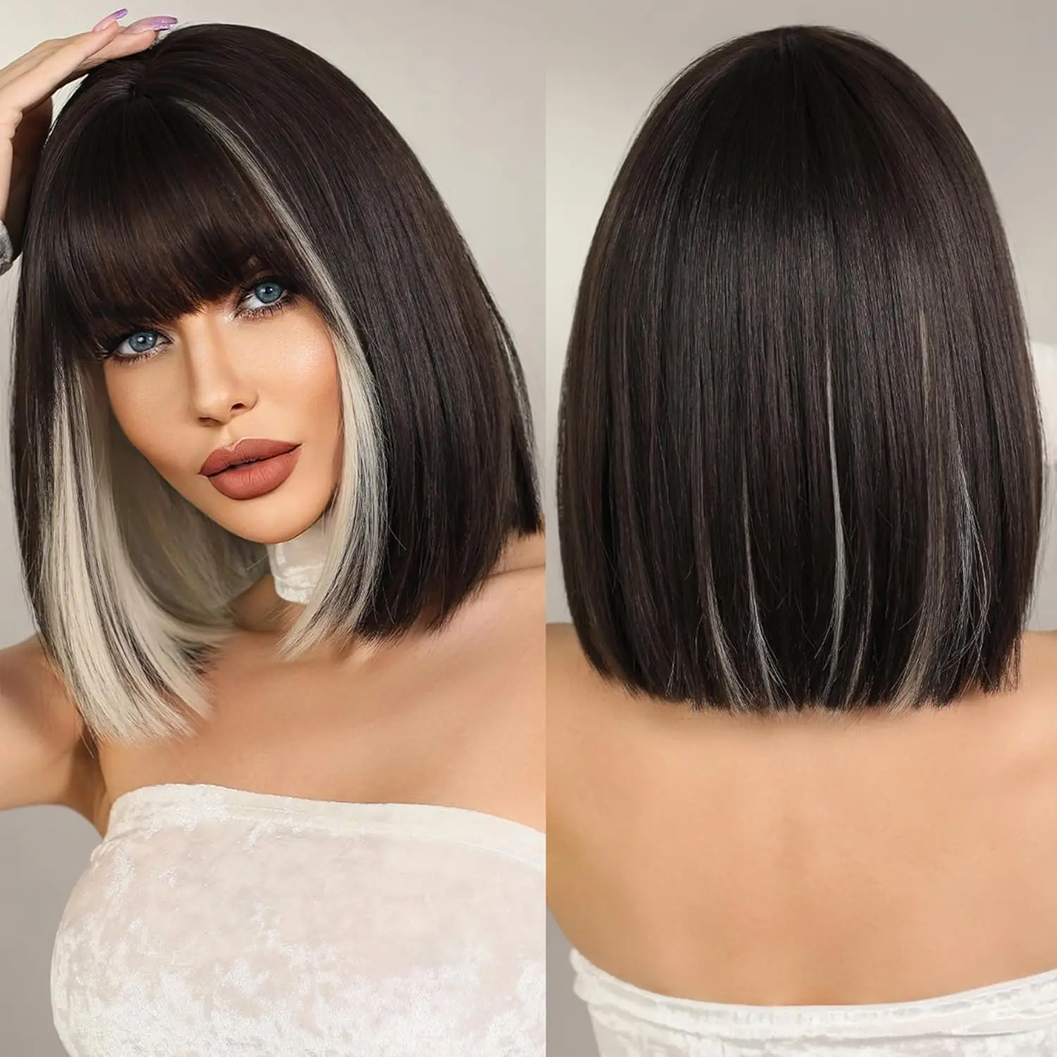 

Women's short straight bob synthetic wig, black highlights white wig with bangs black short bob daily party wear