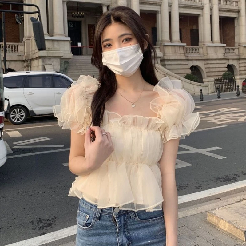 Blouses Women Slash Neck Sweet Girlish Tender French Style Aesthetic Puff Sleeve Clothes Sexy Trendy Princess All-match Summer