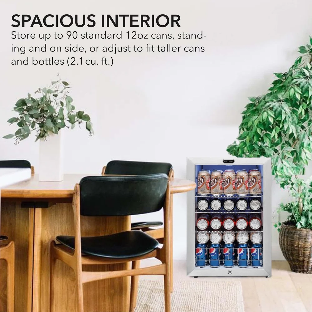 1.7 Cubic Foot Beverage Refrigerator 90 Can Capacity Stainless Steel Compact with Slide-Out Shelves Double-Pane Glass Doors Key