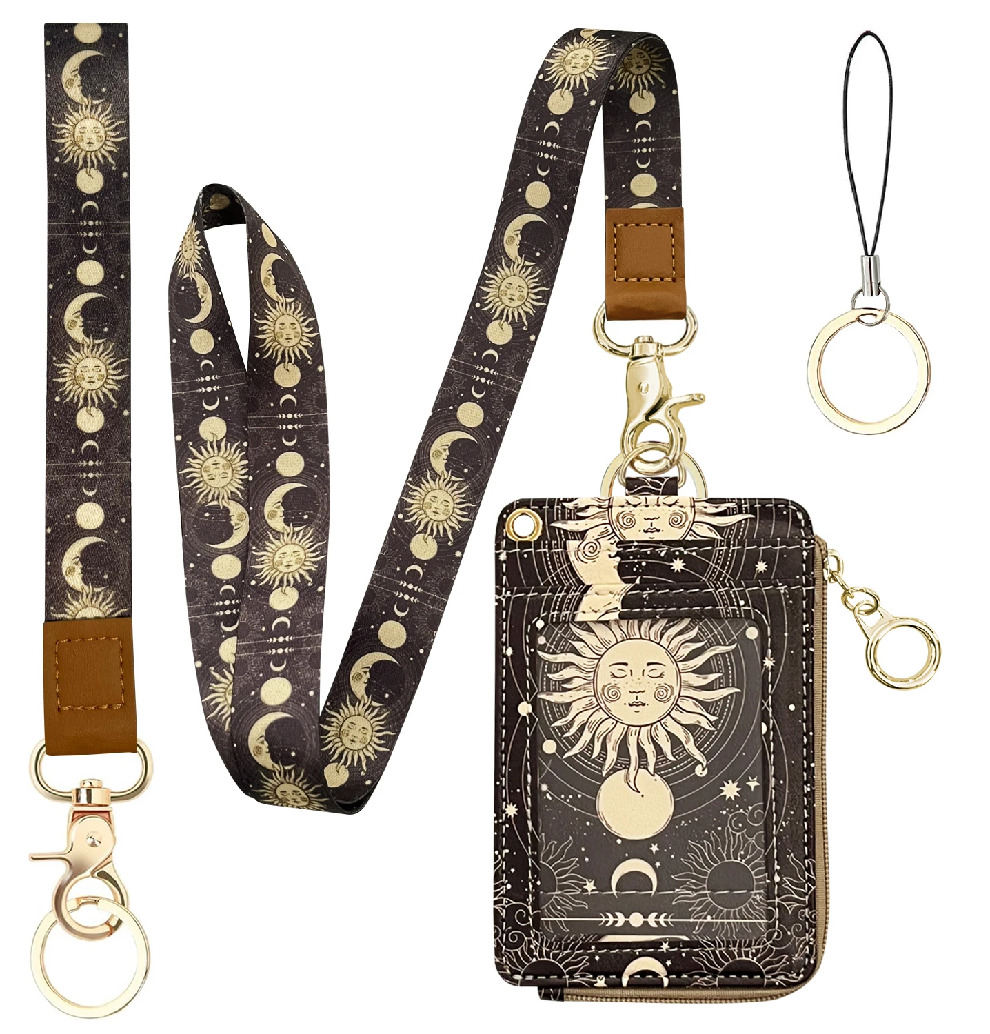 Portafoglio con cordino sole e luna, cordino Boho con portafoglio, porta Badge identificativo con cordino da collo e da polso, custodia con cerniera in pelle Pu Walle