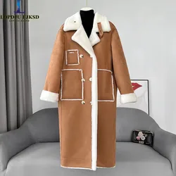 Double Breasted Suede Coats for Women, Faux Lamb Fur Jacket, Long Female Clothes,Loose, Warm Winter, High Quality, New