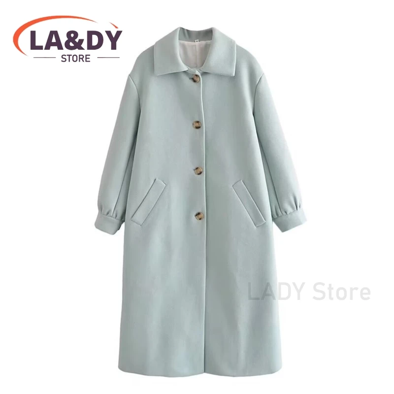 2024 Women Fashion Loose Single Breasted Lapel Woolen Coat Female Solid Color Casual Long Sleeve Pockets Outerwear