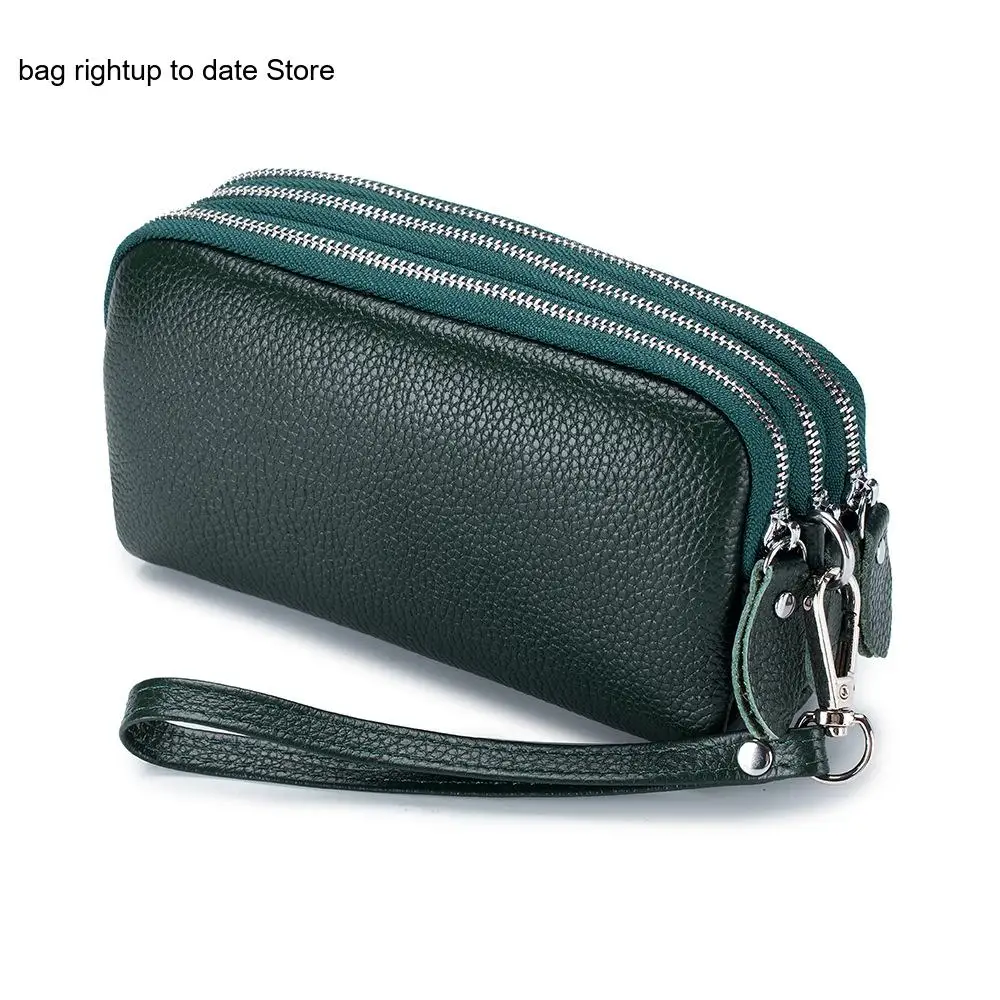 Simple Pure Color Cowhide Three-Layer Zipper Wrist Bag Genuine Leather Long Handbag with Cash and Mobile Phone Bag