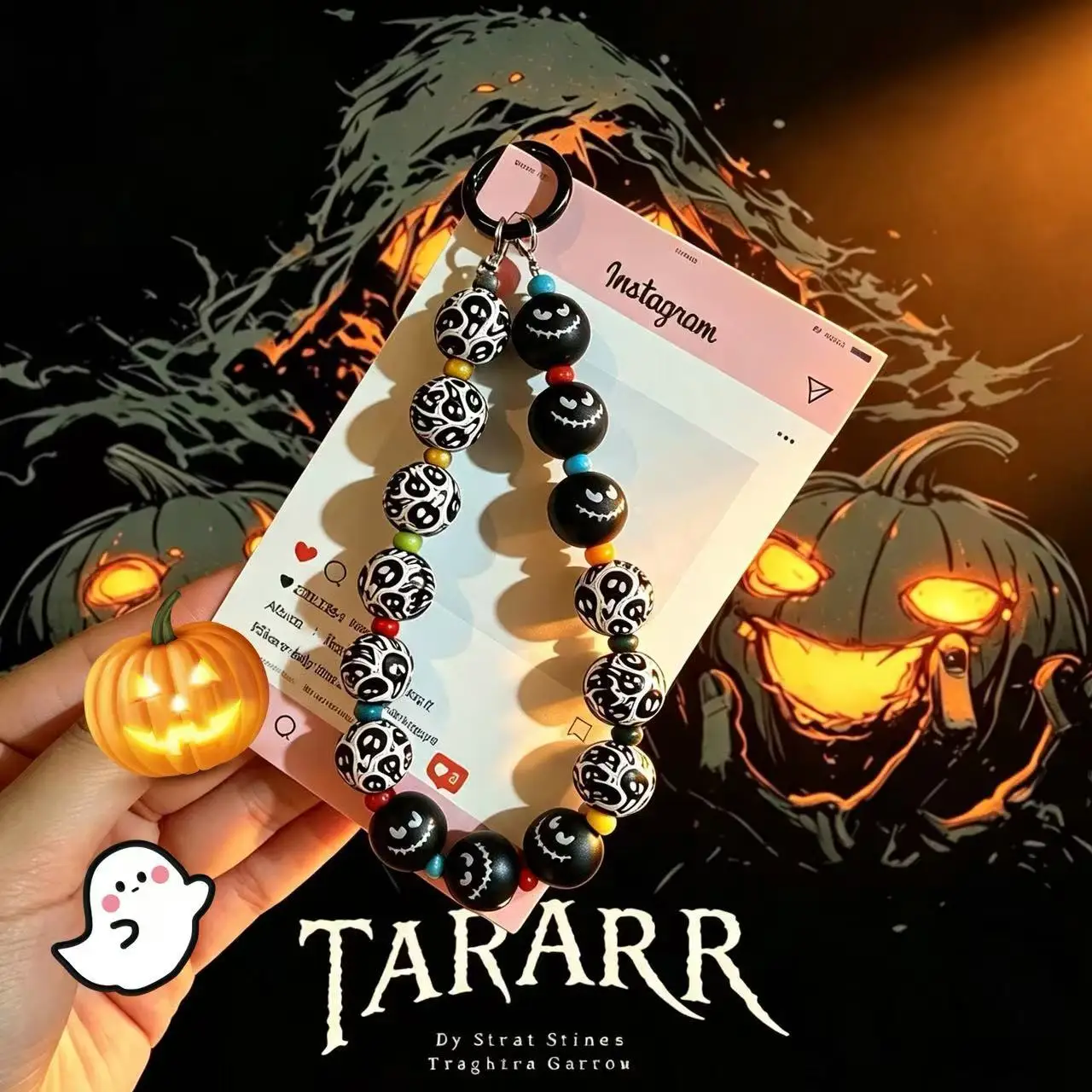 Wooden Bead Phone Strap Pendant Ghost Pumpkin Bat Halloween Fun Lightweight Portable Durable Lanyard Charm for Women Men Gift