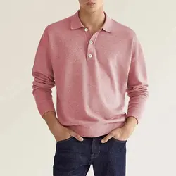 Polo de manga larga con cuello en V para hombre, camisa informal con botones, 2023