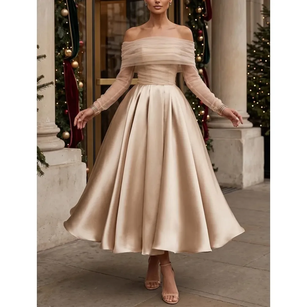 Customized Off Shoulder Mother of Birde Dresses 2026 A Line Ruched Women‘s Wedding Party Attire Gowns Midi Elegant Evening Dress