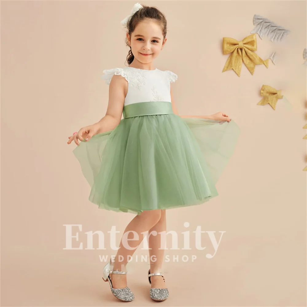 Vestidos de menina personalizados a linha colher pescoço meninas vestidos elegantes na altura do joelho renda tule arco vestidos de casamento para niñas