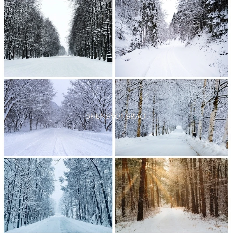 Winterbos Sneeuwbedekte Weg Fotografie Achtergronden Wazig Landschap Sneeuwvlokken Weg Sparren Bomen Foto Achtergrond XD-05