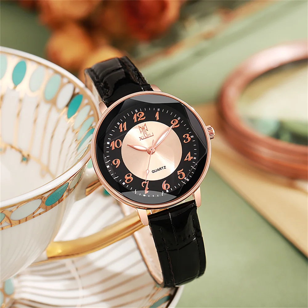 Women\'s Watch Simple Arabic Numerals Quartz Watch Fashionable Pink Leather Lady Business Clock Wristwatch