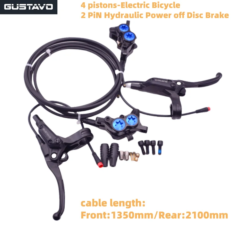 GUSTAVO 2-PIN 4-Pistons E-Bike Electric Power-Off Hydraulic Brake Set with Pre-Bled Hydraulic Disc Brake Caliper Lever for eBike