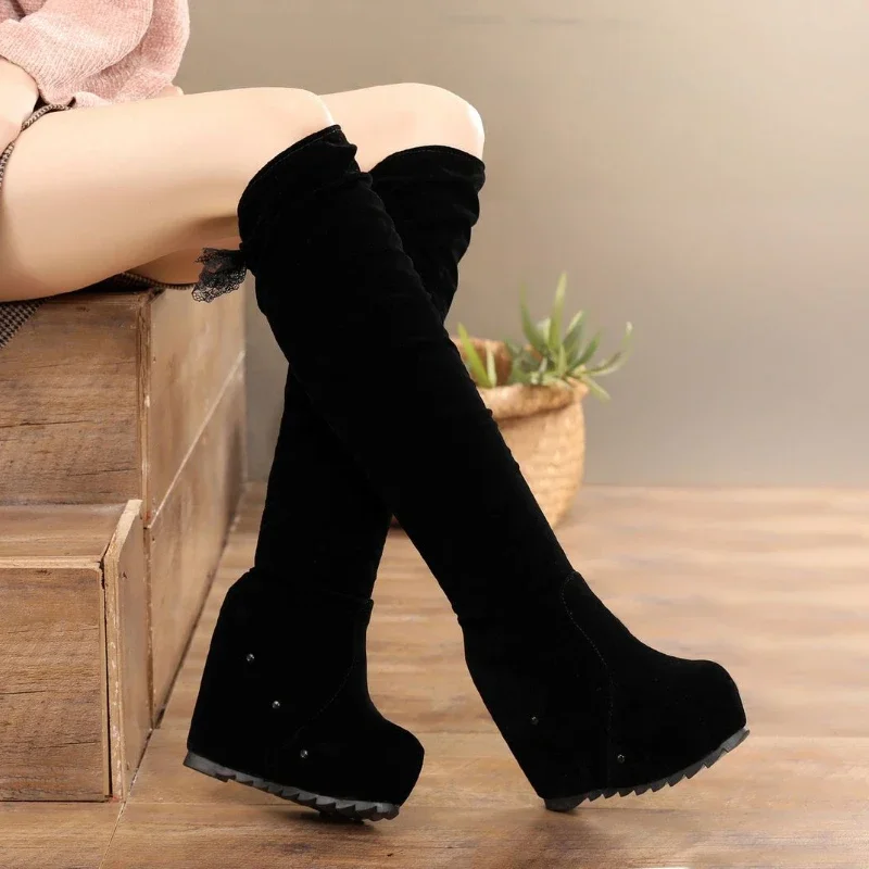 Wedge Heel Above Over The Knee with Laces Women\'s Boots Shoes for Woman Lace-up Thigh High Platform Footwear Round Toe Goth Pu