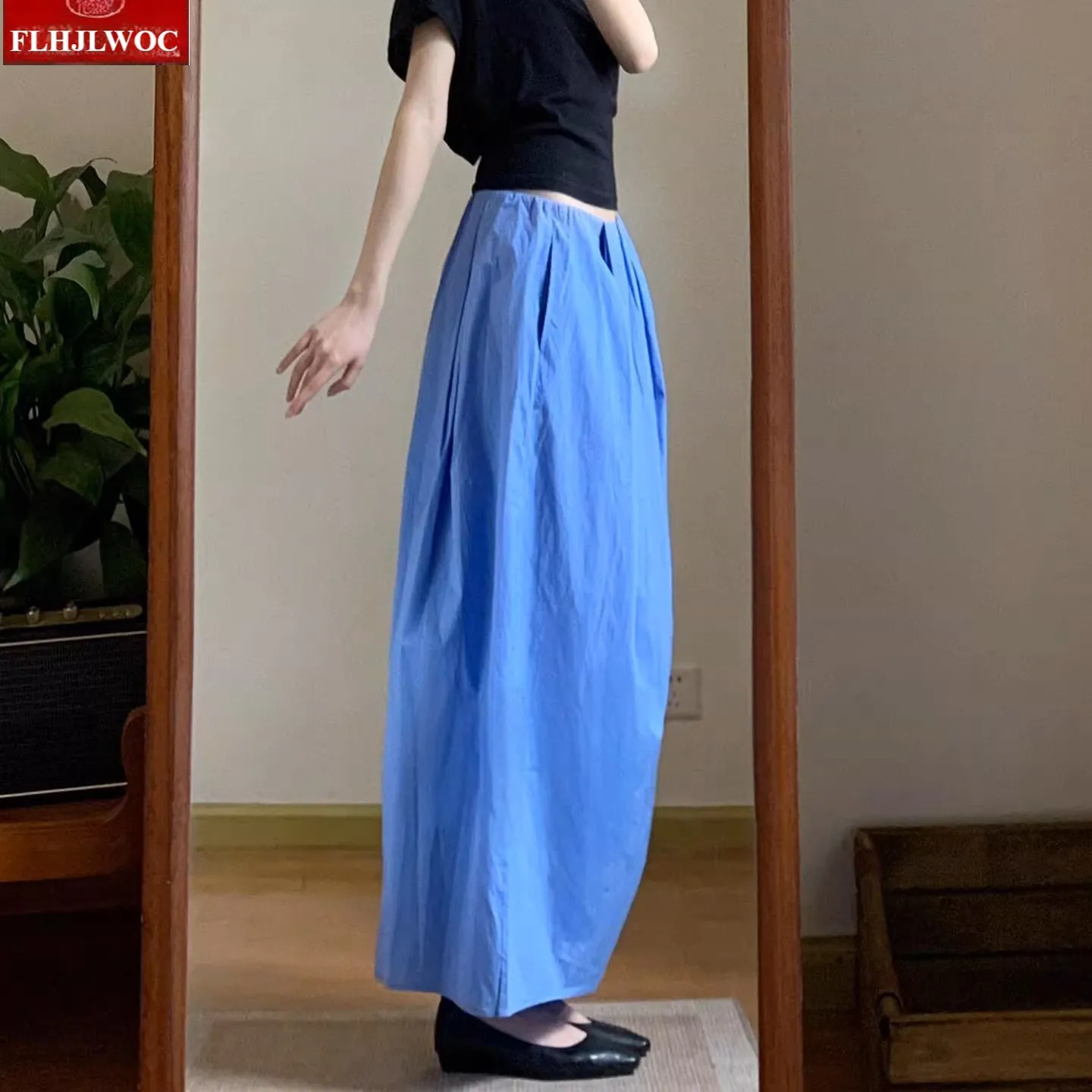 FLHJLWOC Women Bubble Midi Skirt New Fashion 2026 Autumn Solid Blue Retro Vintage Cotton Skirts