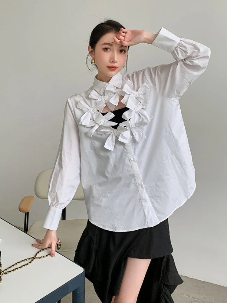 Fashion Elegant Blouses for Women Monochromatic Bow Patchwork Hollow Out Design Shirts Spring Autumn 2024 New Chic Clothing Tops