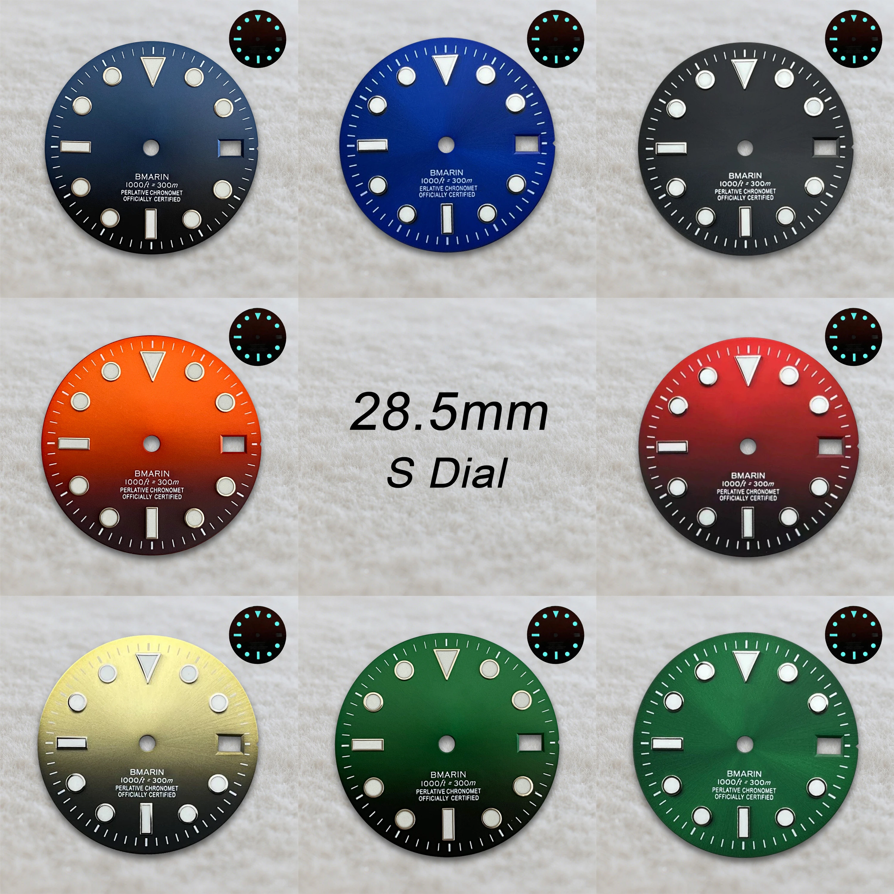 28.5mm S Logo SUB Gradient Dial Fit NH35/NH36/4R/7S Movement Ice Blue Luminous High Quality Watch Modification Accessories