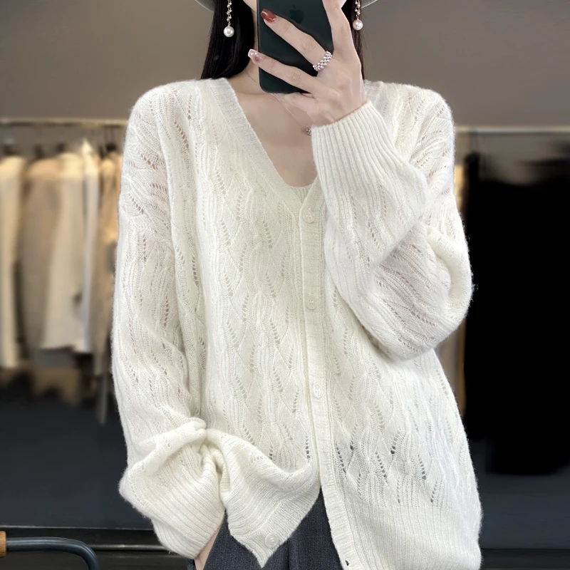 Spring Autumn New Woolen Sweater Women's V-Neck Long Sleeved Hollow Loose Lazy Solid Color 100% Pure Wool Knitted Cardigan Top