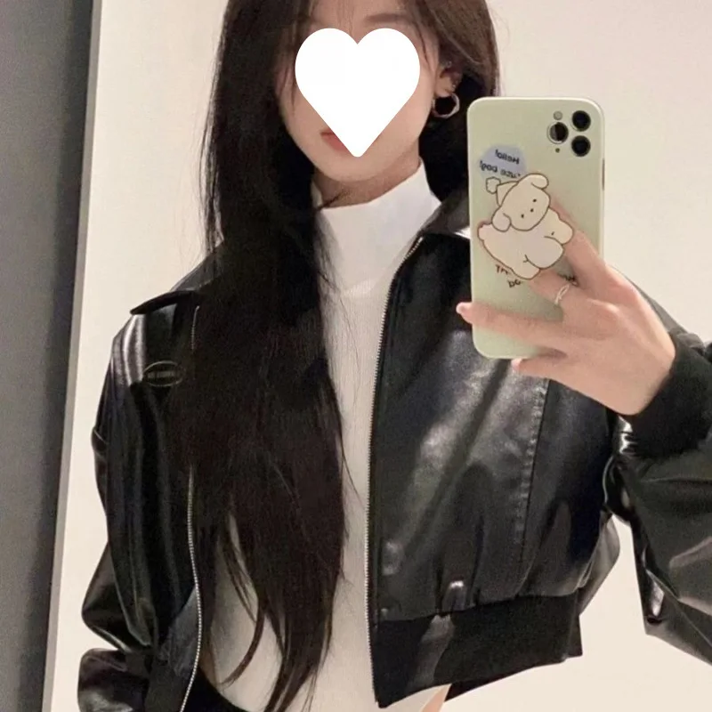 Leather Jacket Woman Retro Black Short Design Jacket Spring Loose MotorBike Style Handsome Women PU Leather Coat Outdoor Fashion