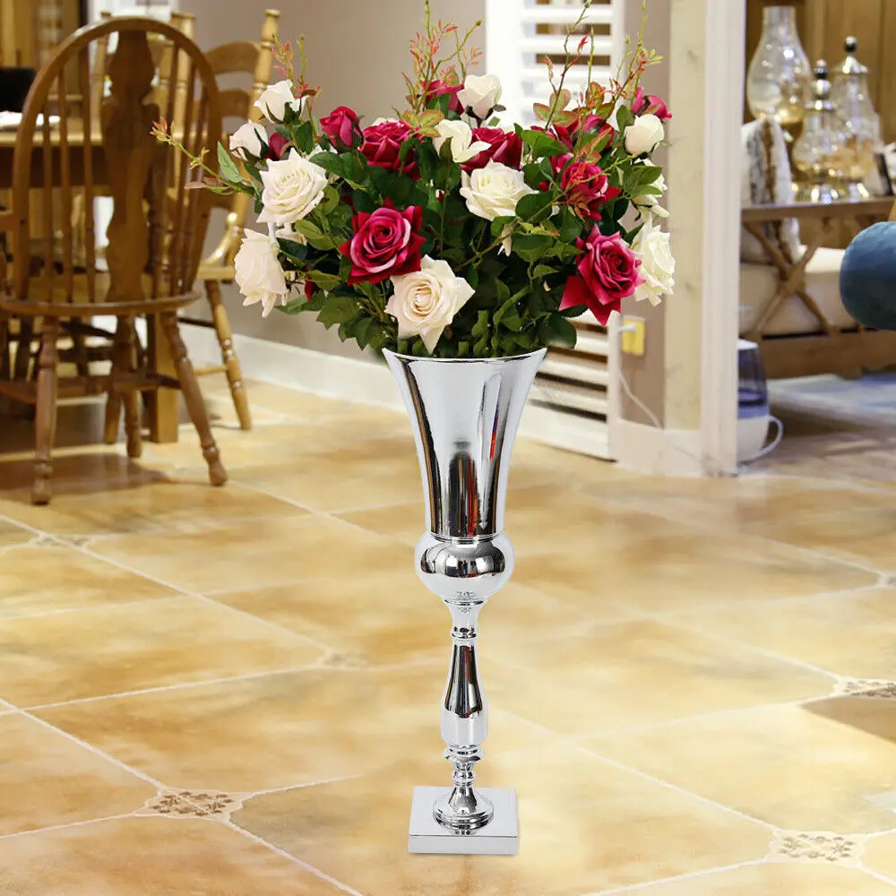 60cm Silver Iron Trumpet Vase Electroplating Arc Mouth Table Top Vase for Home Party Wedding Banquet Prom Decor with Square Base