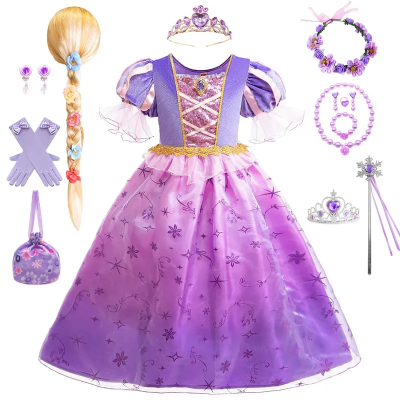 Girls Princess Costume Purple Rapunzel Dress Kids Halloween Christmas Party Outfits Brave Merida Dress