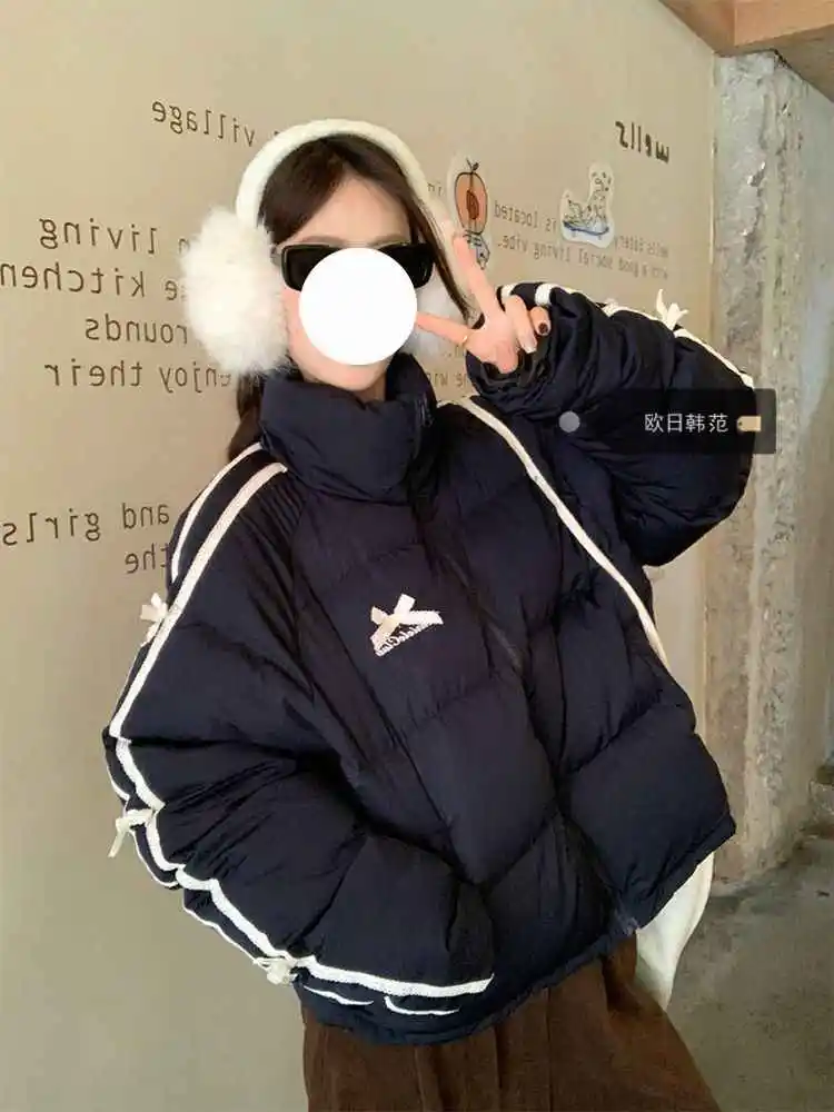 

2025 Winter Women Korean Fashion Parkas Y2k Stand Collar Coat Bow Shoujo Outwear Thick Warm Padded Jacket Stylish 2000s College