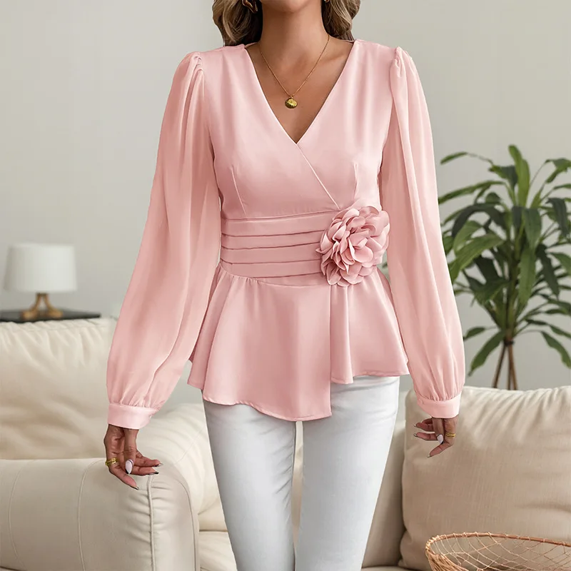 Elegant Professional Waist-Cinching V-Neck 3D Floral Blouse for Women