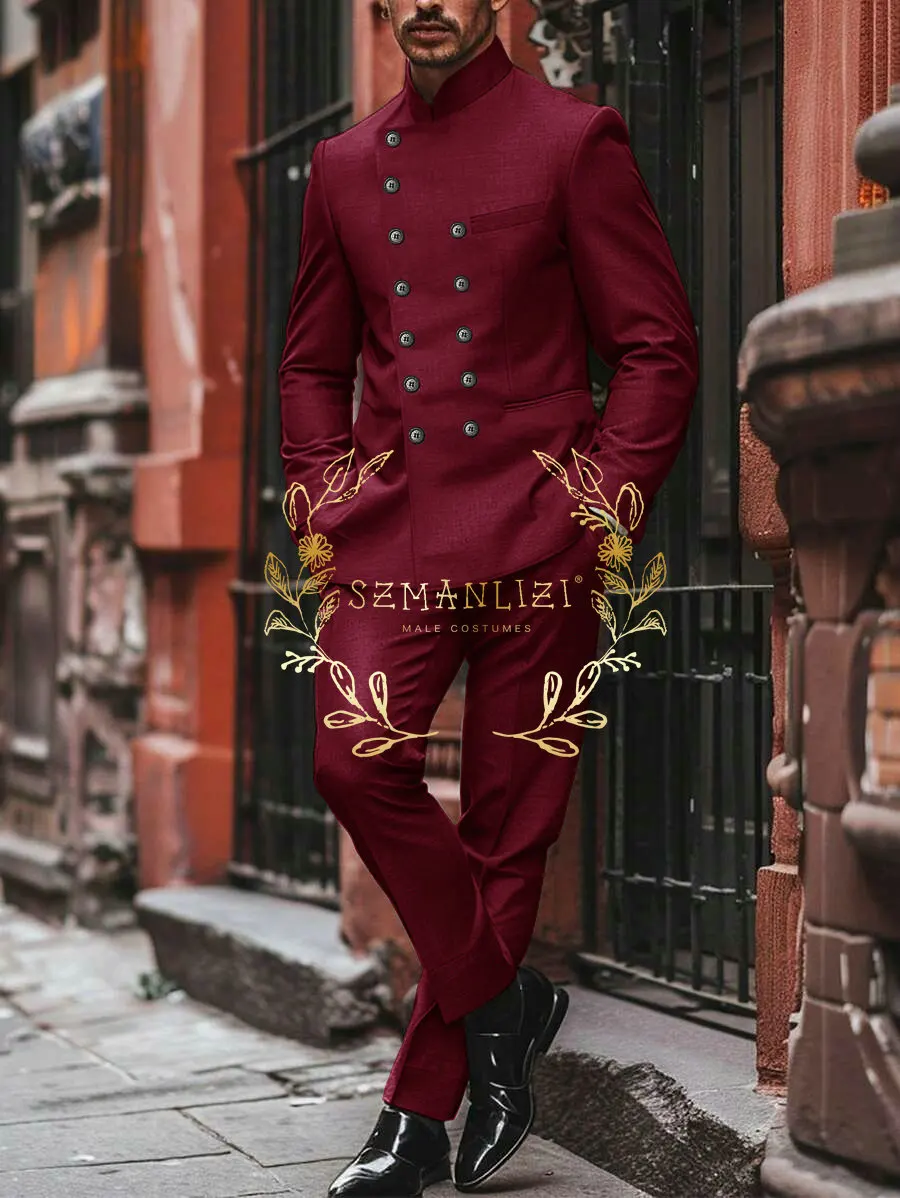 Light Grey Men's Suits For Prom Party Double Breasted Stand Collar Slim Fit Male Wedding Clothing Fashion 2 Piece Jacket Pants