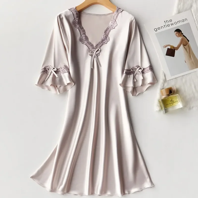 Silky Satin Women Nightgown Oversize Sleepwear Casual Nightdress Summer New Sleep Shirt Sexy Nightshirt Female Home Dress