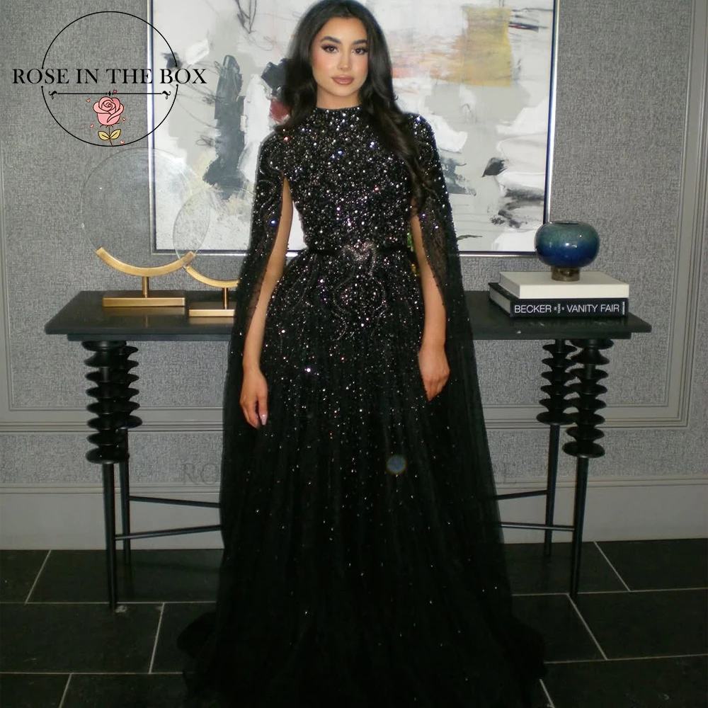 

ROSEINTHEBOX Customized Modest Long Drape Sleeves Beaded A-line Gown Luxury Evening Dress 2025 for Women Elegant party dresses