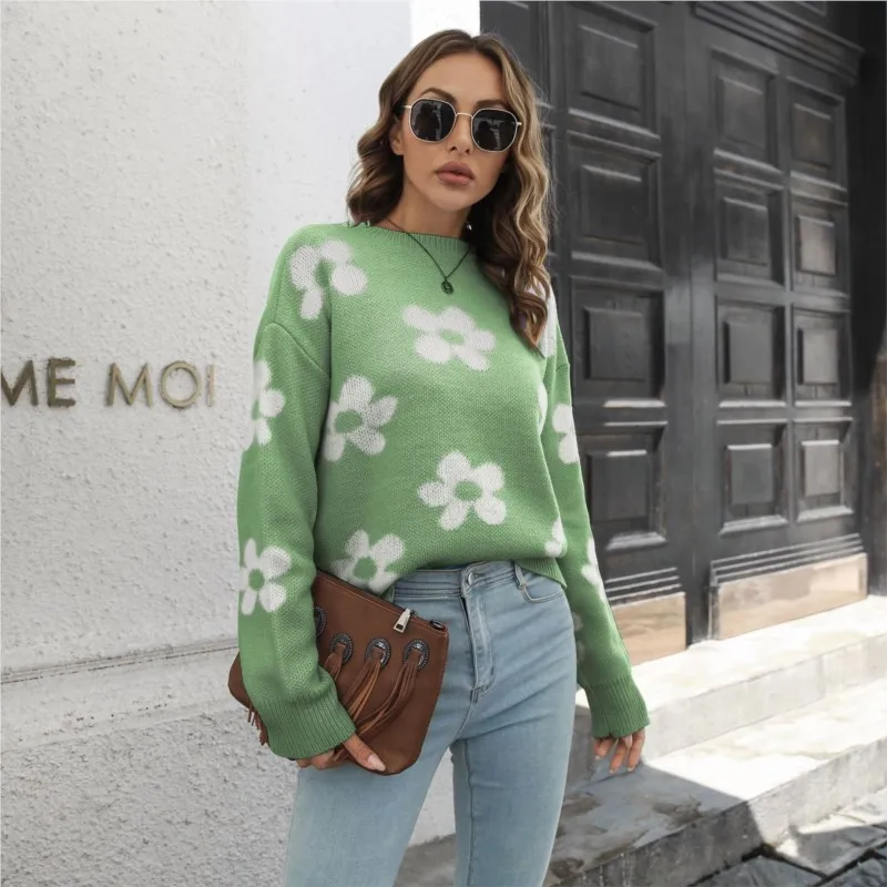 

2024 Autumn Winter O Neck Flower Pullover Fashion Women's Long Sleeve Daisy Knitted Sweater Loose Fashion Casual Commuter Tops