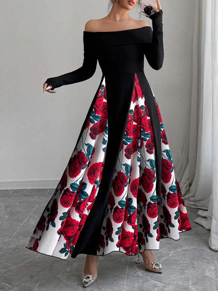 

Onecozyday Women's Off Shoulder Floral Print Maxi Dress Long Sleeves High Waist Pleated Evening Dress 2026 Elegant Gowns