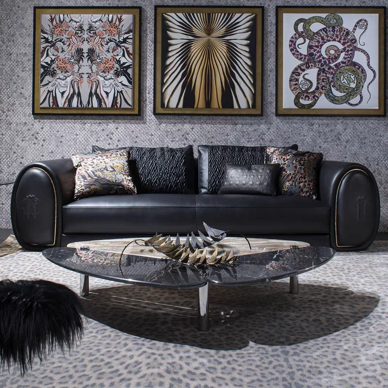 -ForNew Italian Living Room Furniture 4 Seats Modern Luxury Black Leather Sofa Custom Villa Couch Living Room Sofas&