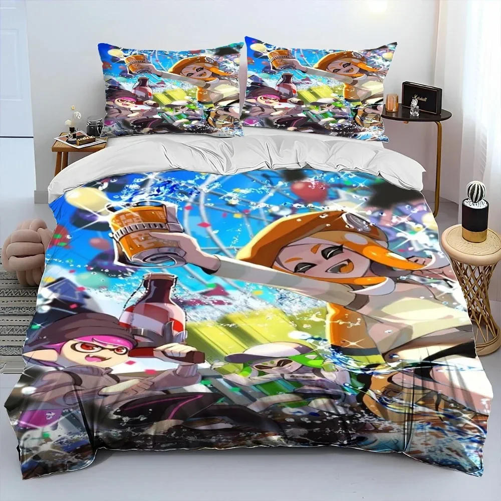 S-Splatoon Game Gamer Cartoon Comforter Bedding Set,Duvet Cover Bed Set Quilt Cover Pillowcase,King Queen Size Bedding Set Kids