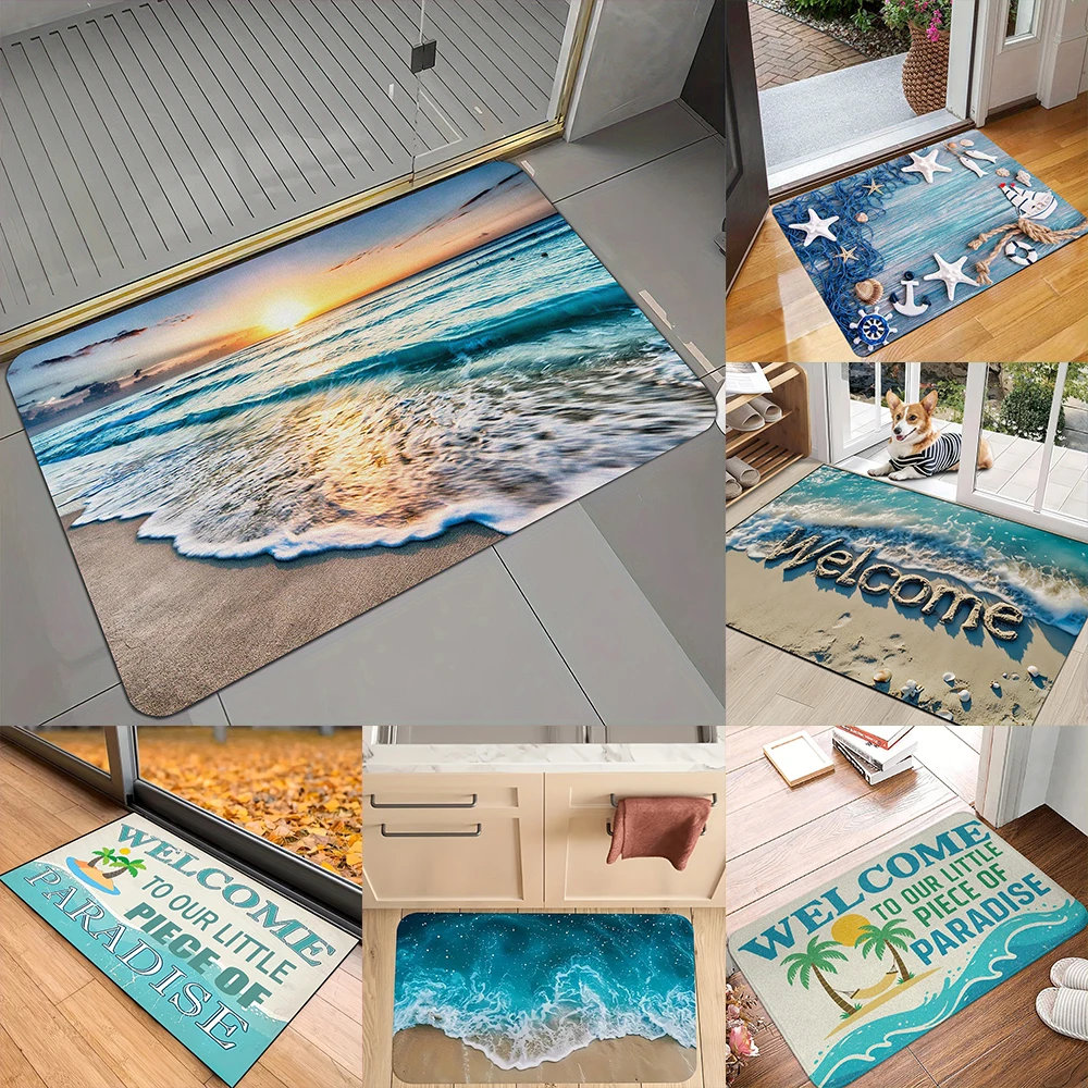 2D Flat-1pc Door Mats with Beach Scenes , Suitable for entrance, kitchen, living room, rectangular carpet decoration.