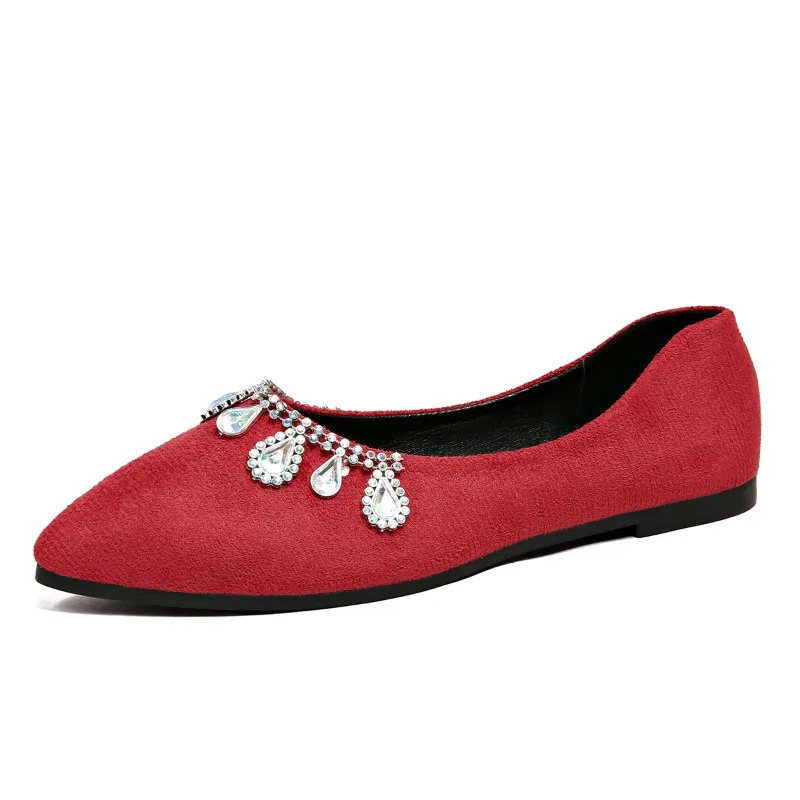 Elegante flache Schuhe für Hochzeitsfeiern, Wildleder, spitzer Zeh mit tropfenförmigem Strass-Quasten-Dekor, Slip-On-Ballerinas für Damen. – Detail 12