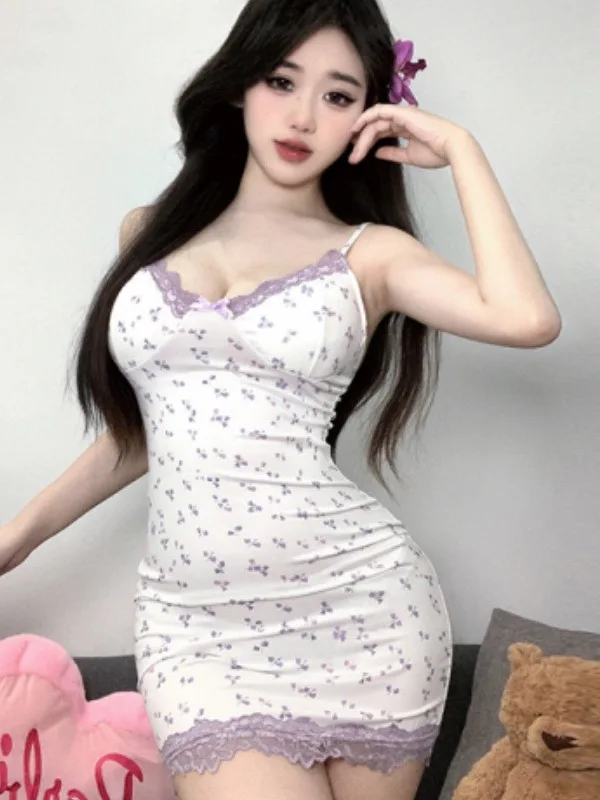 Sexy Pure Desire, Sexy Lace Small Chest Women Robe Dress Elegant Purple Sweet Mini Dress Korean Women 2024 New IPI7