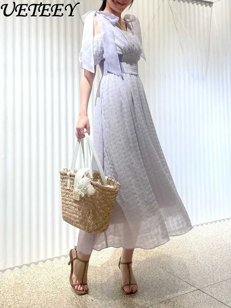 2025년 여름 신상 우아한 오프숄더 허리 리본 숄더 스트랩 프린트 드레스, 니치 하이웨이스트 슬림 드레스, 출퇴근룩