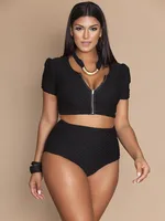 Women's black plus size monokini swimsuit with front zipper, short sleeves and quick-dry stretch fabric.
