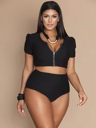 Sexy Large Size Bikini Set Women Swimwear 2023 New 2-piece Swimsuit Monokini Female Zipper Short Sleeve Bathing Suit Plus Size