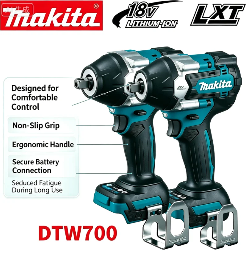 Clé à chocs sans fil Makita DTW700 18V, moteur sans balais, 1000 N·m, entraînement carré 1/2 pouce, pour ateliers de pneus et entretien de camions