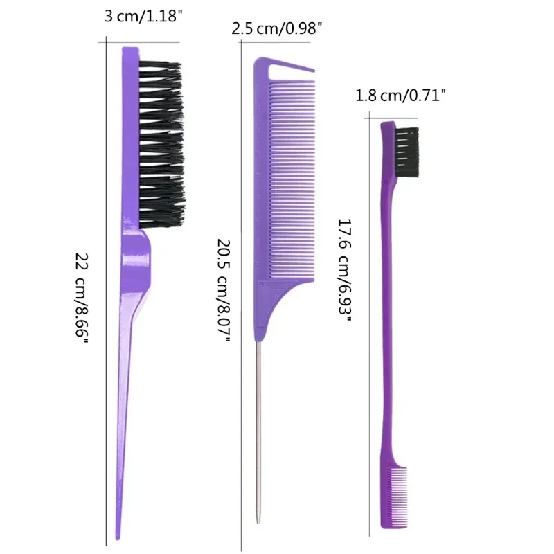 3pcs Triple Teasing Hair Styling Comb Set Teasing Hair Braid  Hair Tail Tools Tool Loop Comb Brush Rat Tail Combs Edge Brush