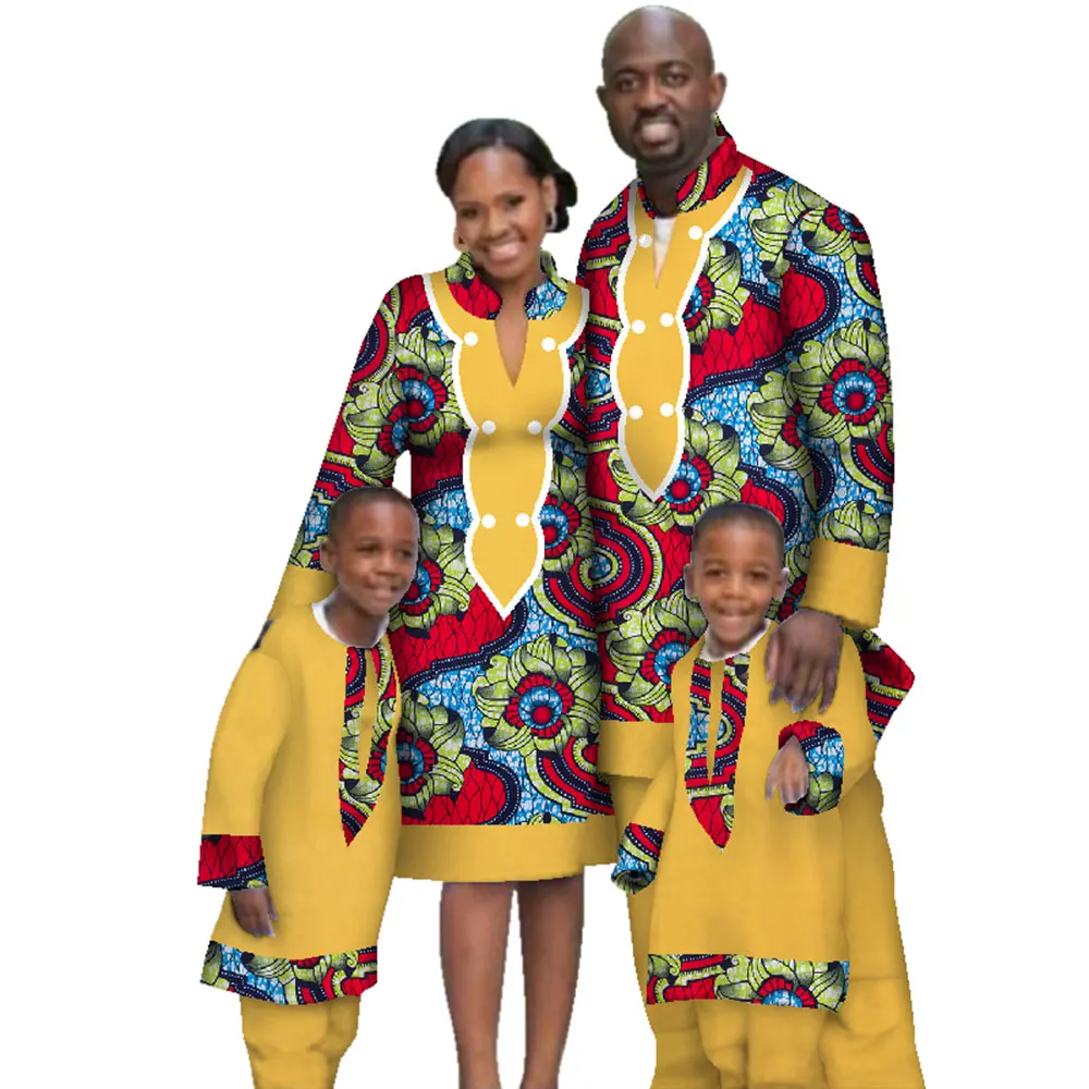 Casual Family Matching Clothes Father Mother Son Long Sleeve Men Top and Pants Sets Women Dress African Print Clothing WYQ117