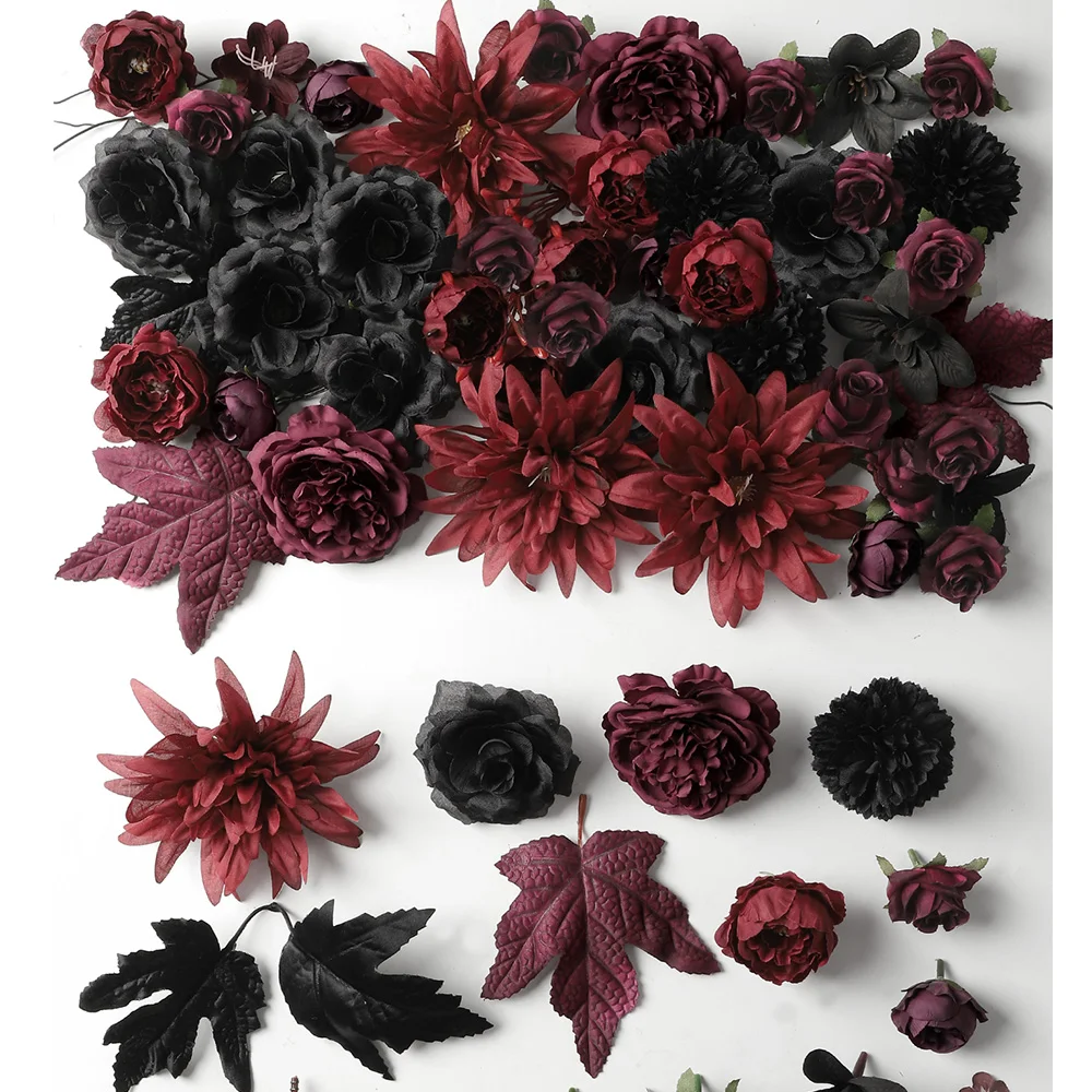 20/25/50 Stück Burgunderrote und Schwarze Künstliche Blumenköpfe aus Seide für Halloween-Dekoration, Dunkle DIY-Kränze, Girlanden und Bastelzubehör – Detail 1
