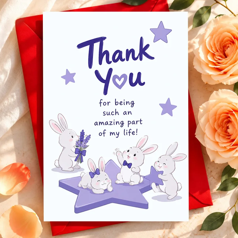 Thank you for the cute rabbit purple star lavender pattern on the greeting card, which conveys gratitude to loved ones
