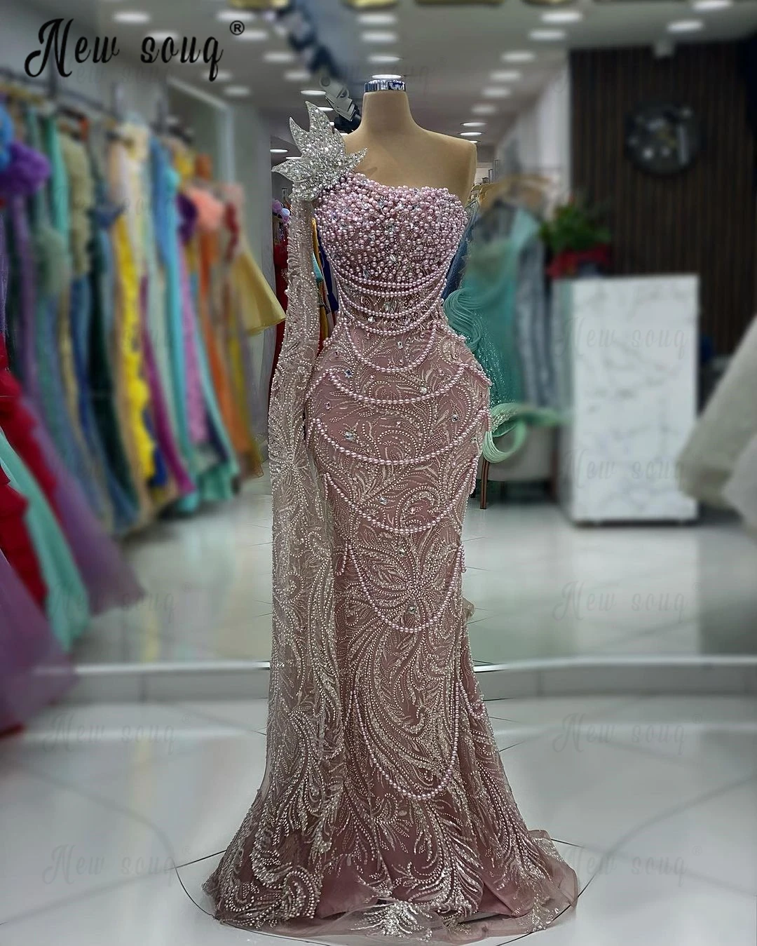 Glitter Long Cape Sleeve Prom Dresses Arabic One Shoulder Mermaid Wedding Party Gowns Custom Beaded Formal Occasion Dresses