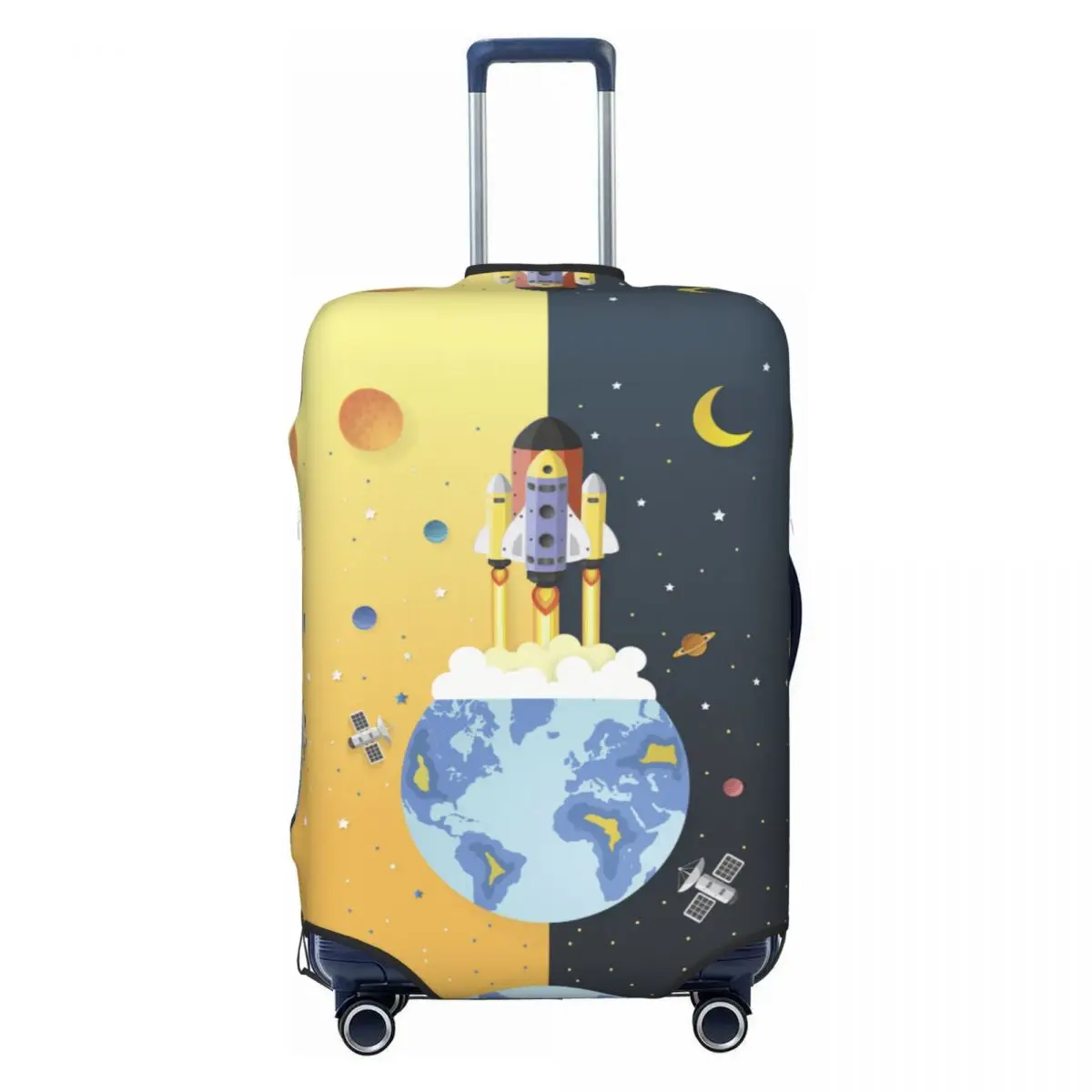 Rocket Flying On Earth Suitcase Cover Paper Art Strectch Travel Protection Luggage Supplies Vacation