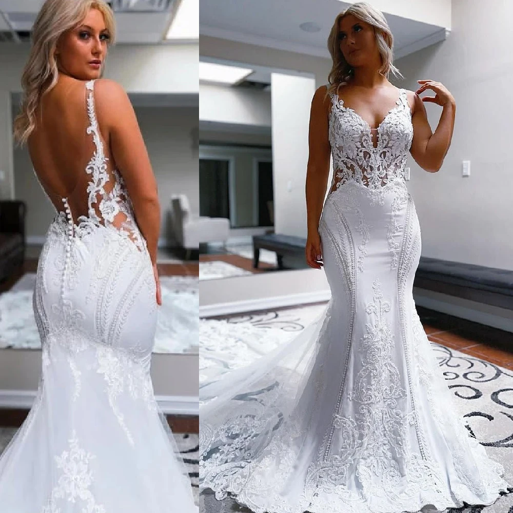 Elegant Long Mermaid Straps V-neck Backless Wedding Dresses Bride with Lace Embellishments Customized Vestido Femininos Gorgeous