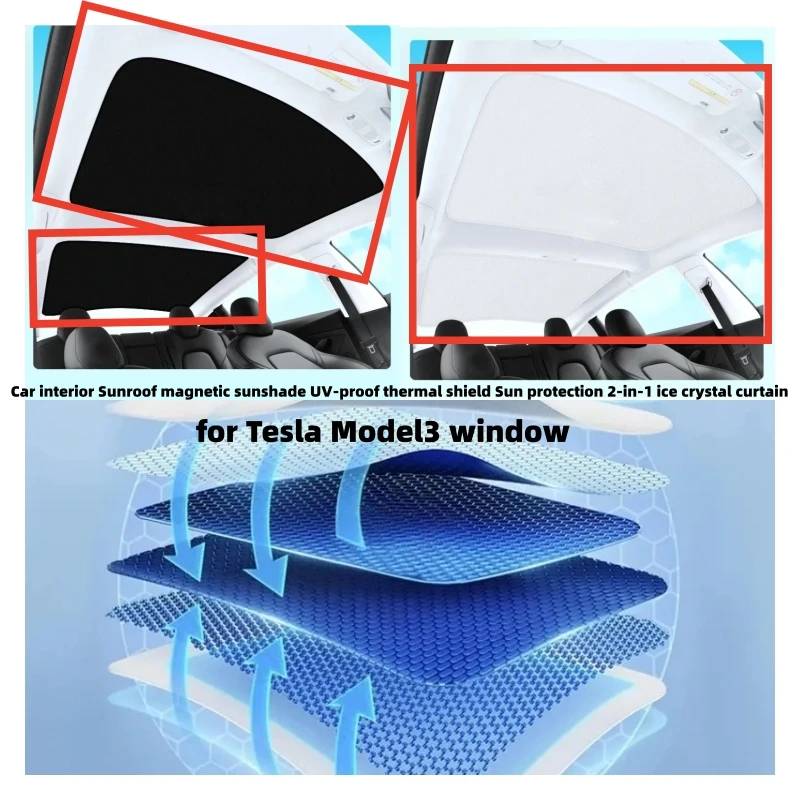 

Car interior Sunroof magnetic sunshade UV-proof thermal shield Sun protection 2-in-1 ice crystal curtain for Tesla Model3 window