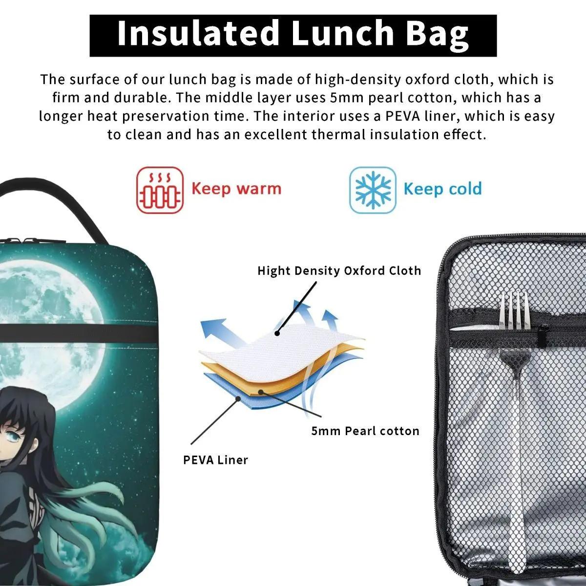 Custom Demon S-Slayer Thermal Insulated Lunch Bag Muichiro Tokito Portable Lunch Container for Outdoor Picnic Storage Food Box view 4