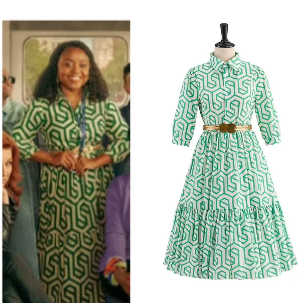 

TV Abbott Elementary Season 2 Quinta Brunson Cosplay Costume Women Green Dress Halloween Carnival Party Outfit