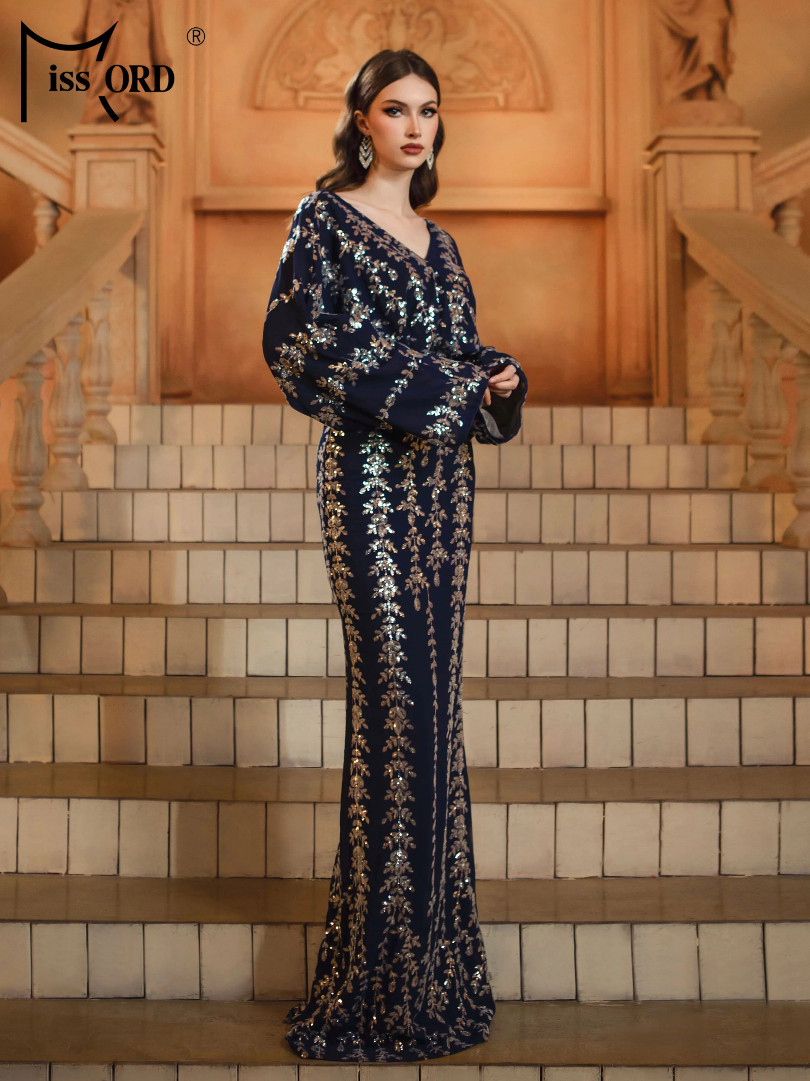 Missord elegante decote em v manga comprida lantejoulas sereia vestido de noite festa de aniversário de casamento alta qualidade luxo até o chão vestido