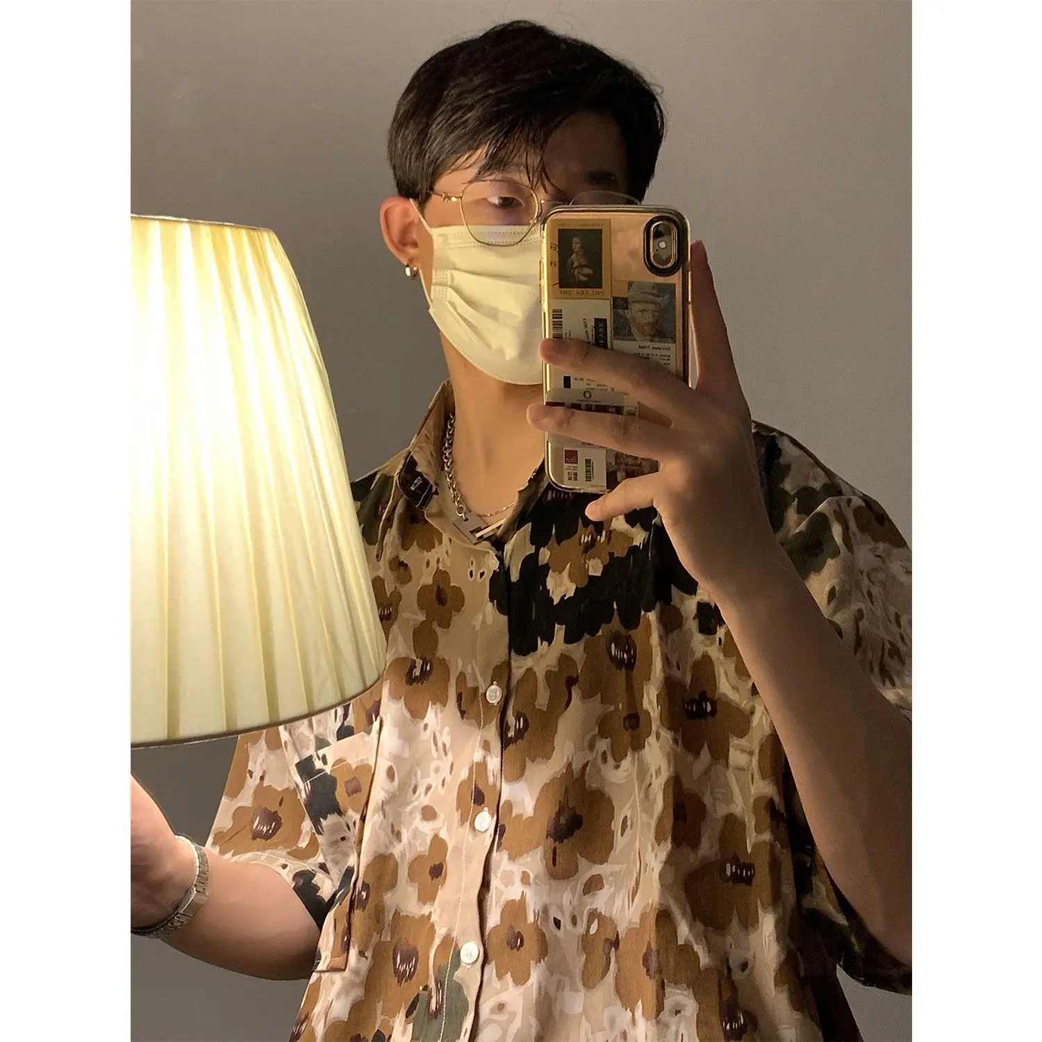 Hong Kong style retro handsome printed short-sleeved shirt for men and women no-iron drapey chiffon floral high-end simple shirt